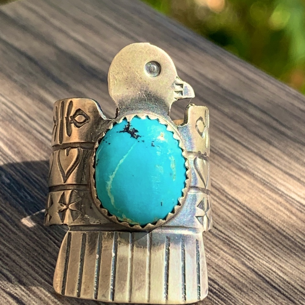 Yazzie Native American Navajo Authentic Turquoise Thunderbird Ring with Hearts - Picture 4 of 14